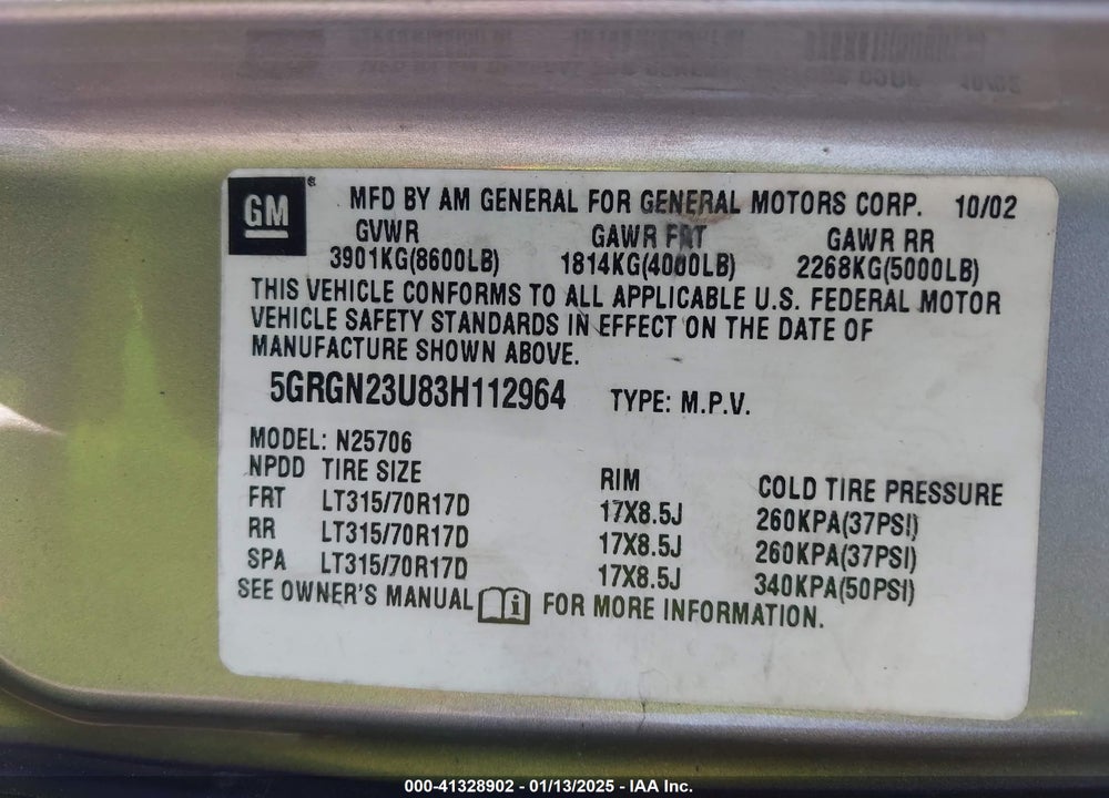 2003 HUMMER H2 VIN: 5GRGN23U83H112964