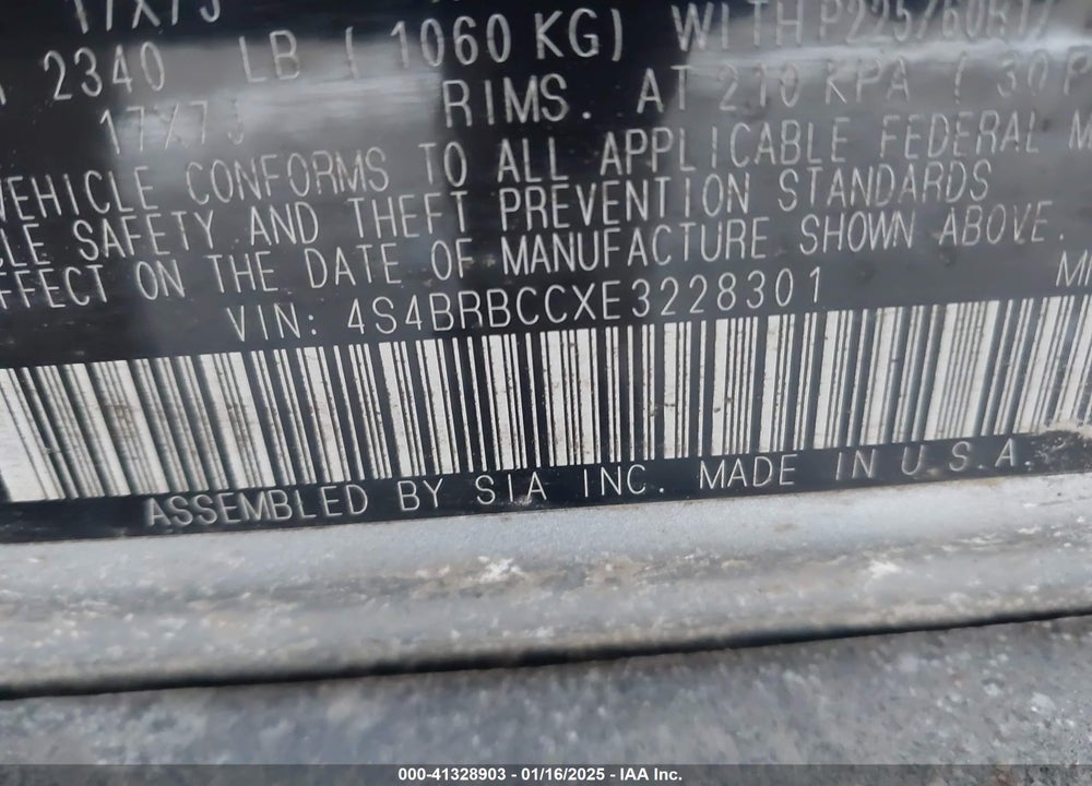 2014 SUBARU OUTBACK 2.5I PREMIUM VIN: 4S4BRBCCXE3228301