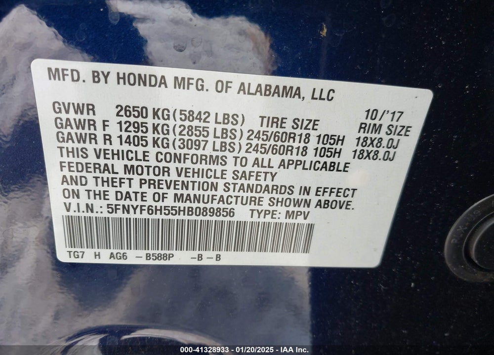 2017 HONDA PILOT EX-L VIN: 5FNYF6H55HB089856
