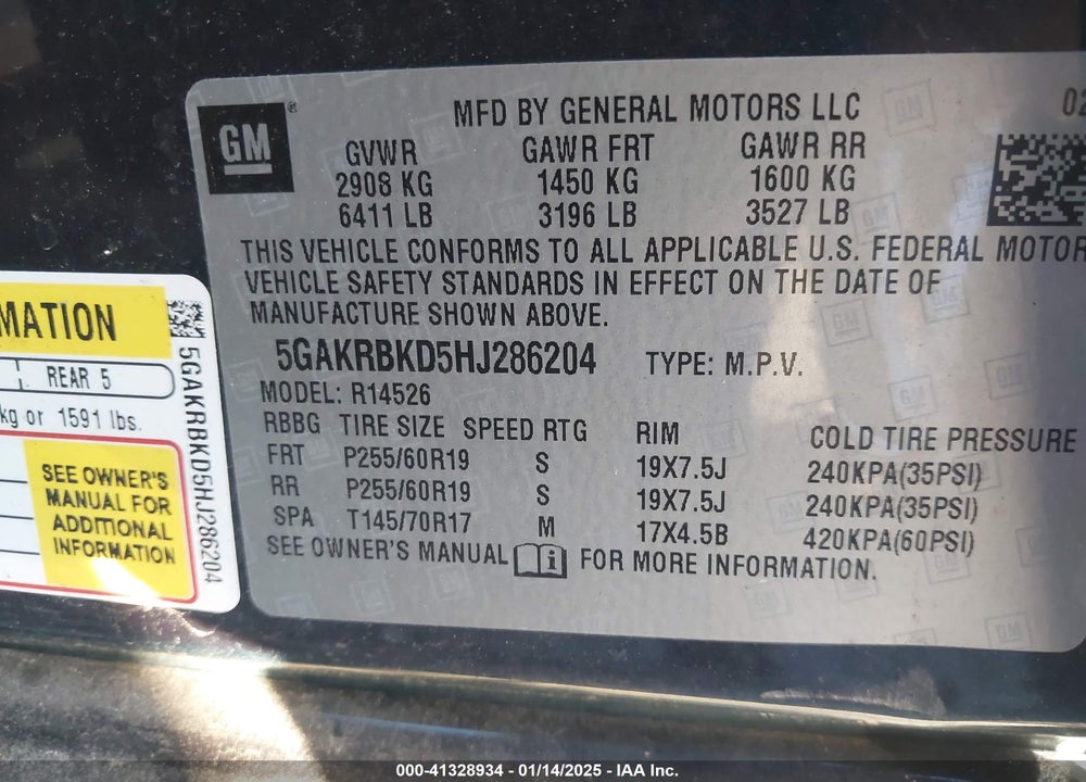 2017 BUICK ENCLAVE LEATHER VIN: 5GAKRBKD5HJ286204