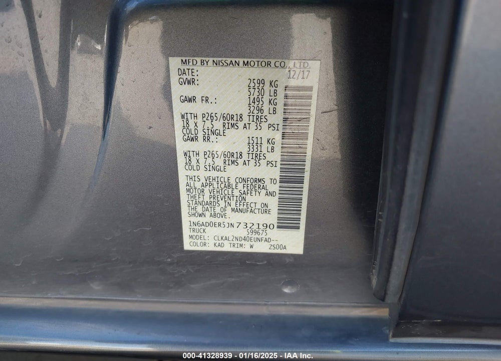 2018 NISSAN FRONTIER VIN: 1N6AD0ER5JN732190