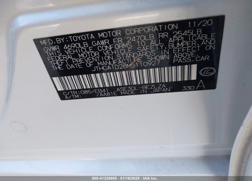 2021 LEXUS IS 300 VIN: JTHCA1D28M5110927