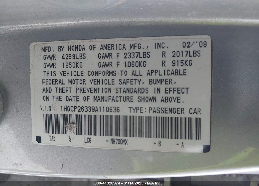 2009 HONDA ACCORD VIN: 1HGCP26339A110636