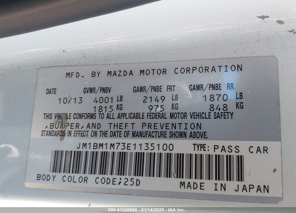 2014 MAZDA 3 VIN: JM1BM1M73E1135100