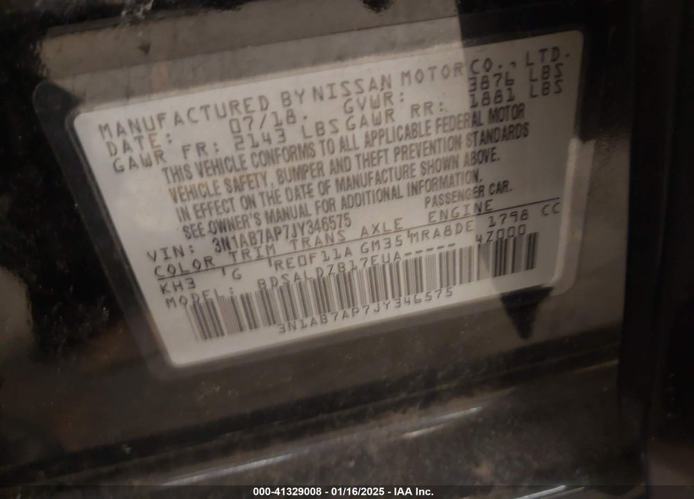 2018 NISSAN SENTRA VIN: 3N1AB7AP7JY346575