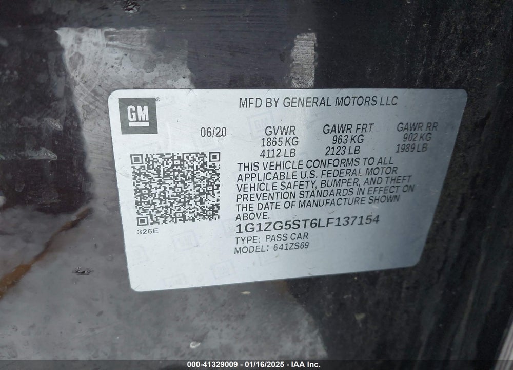 2020 CHEVROLET MALIBU VIN: 1G1ZG5ST6LF137154