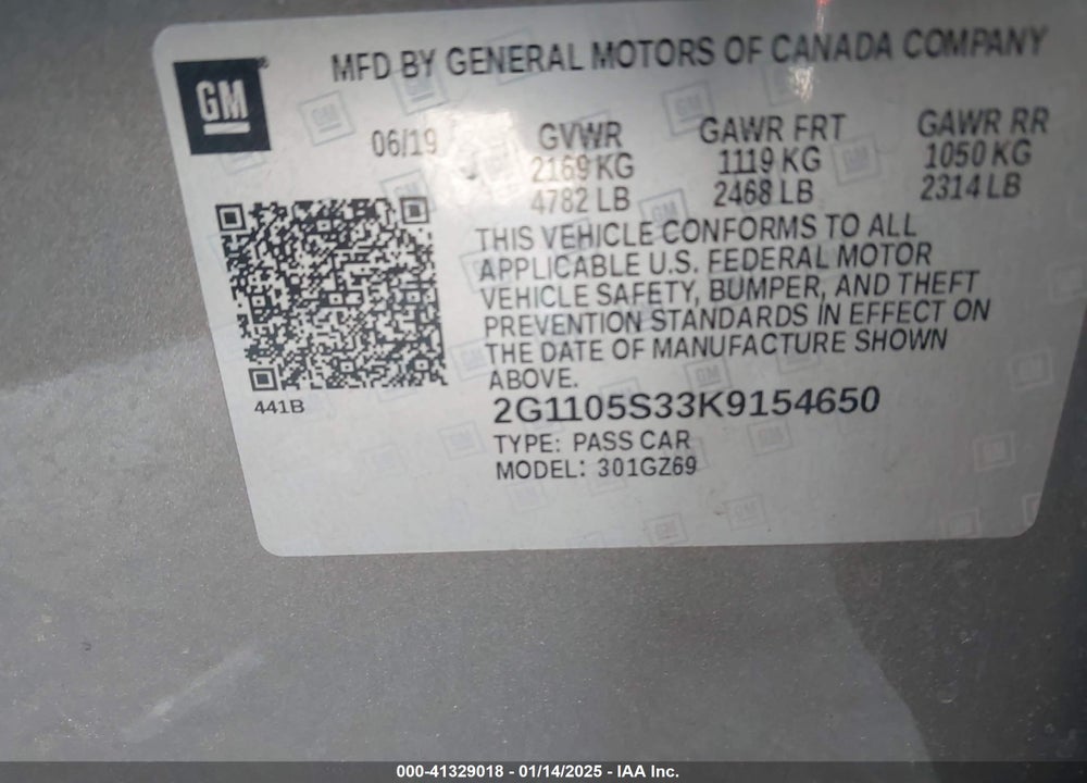 2019 CHEVROLET IMPALA VIN: 2G1105S33K9154650