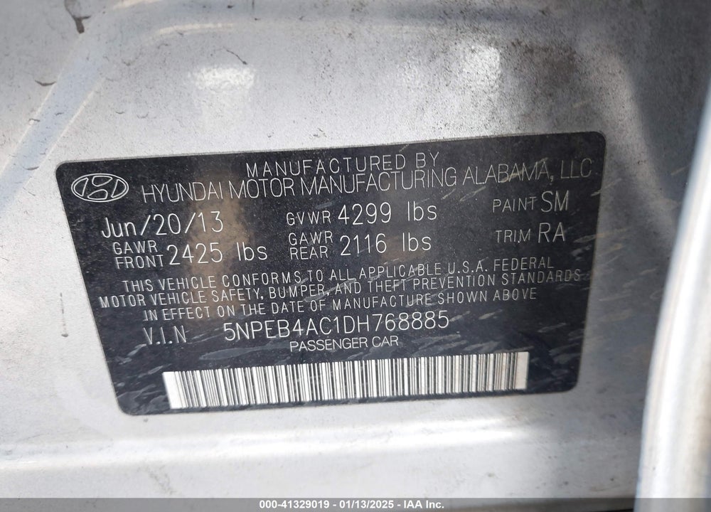 2013 HYUNDAI SONATA VIN: 5NPEB4AC1DH768885