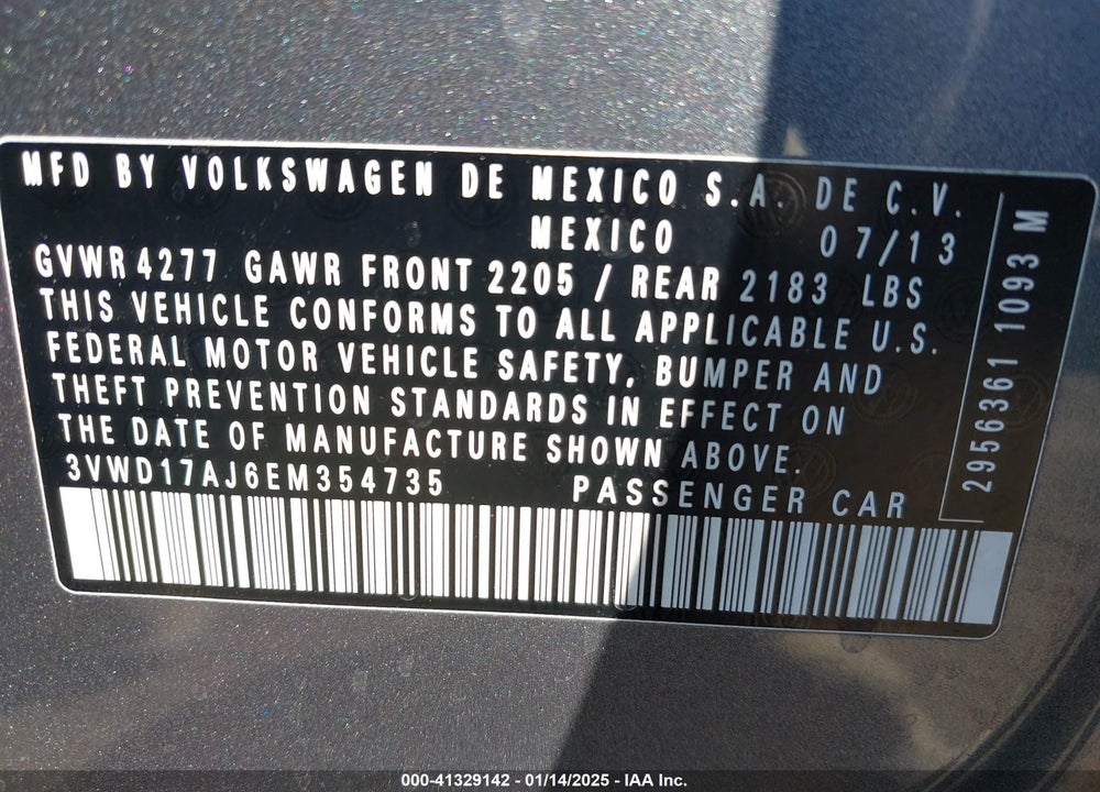 2014 VOLKSWAGEN JETTA 1.8T SE VIN: 3VWD17AJ6EM354735
