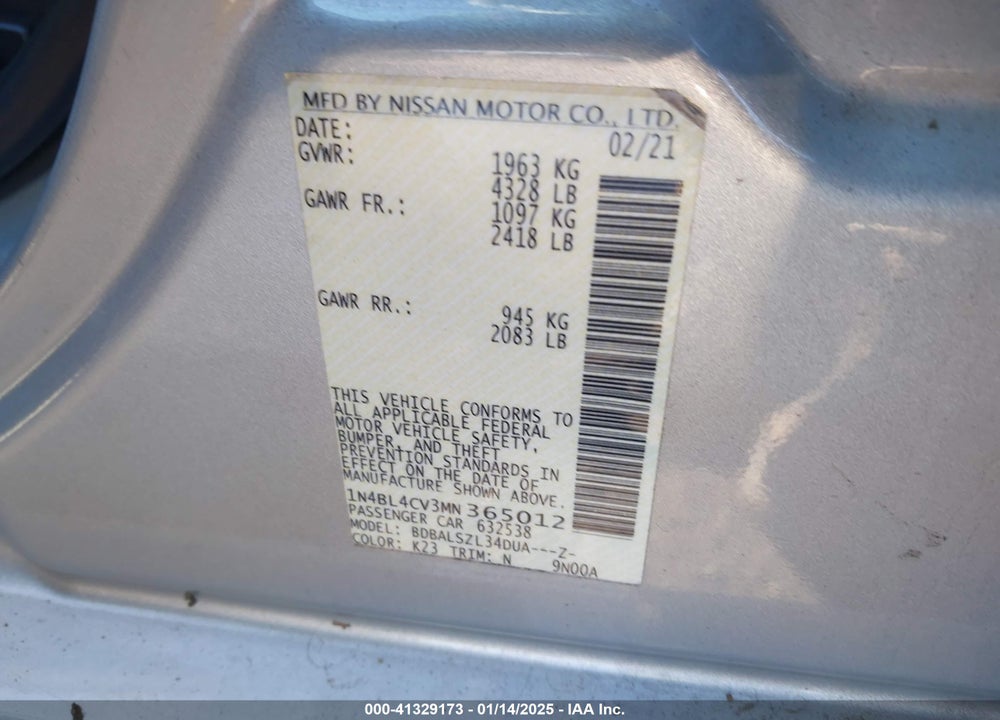 2021 NISSAN ALTIMA VIN: 1N4BL4CV3MN365012