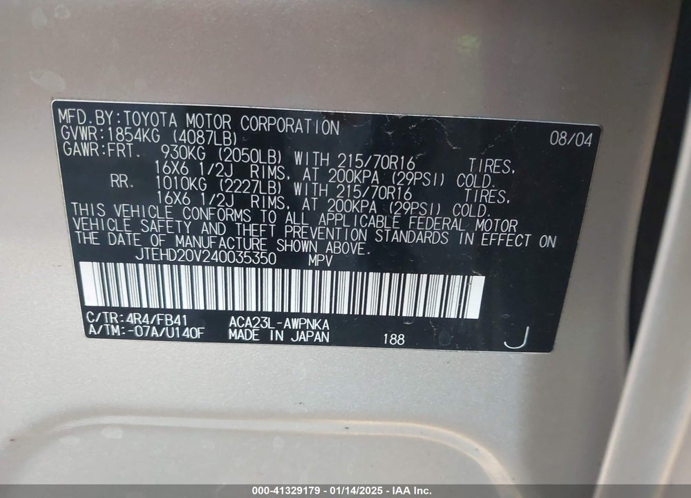 2004 TOYOTA RAV4 VIN: JTEHD20V240035350