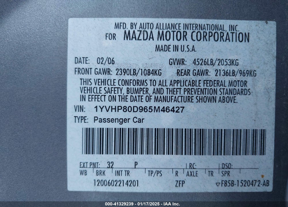2006 MAZDA 6 I GRAND SPORT VIN: 1YVHP80D965M46427