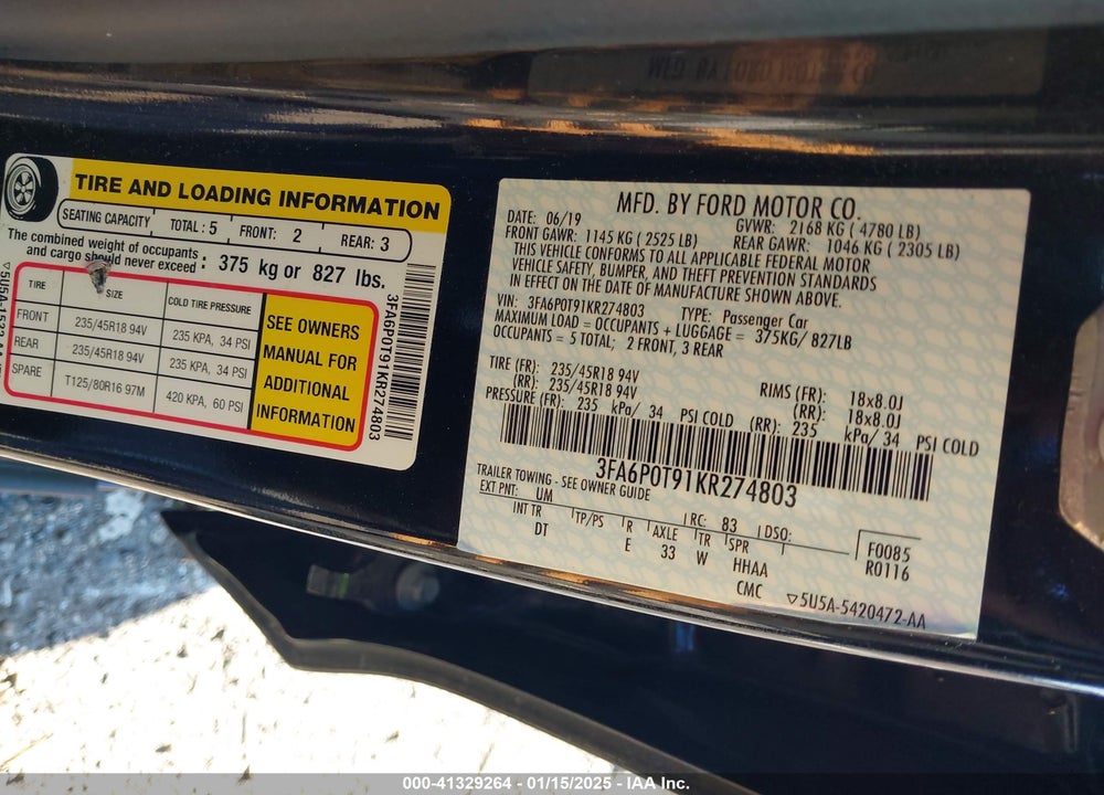 2019 FORD FUSION VIN: 3FA6P0T91KR274803