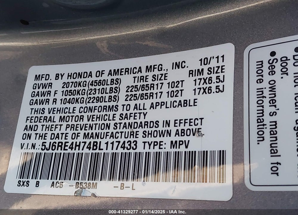2011 HONDA CR-V EX-L VIN: 5J6RE4H74BL117433
