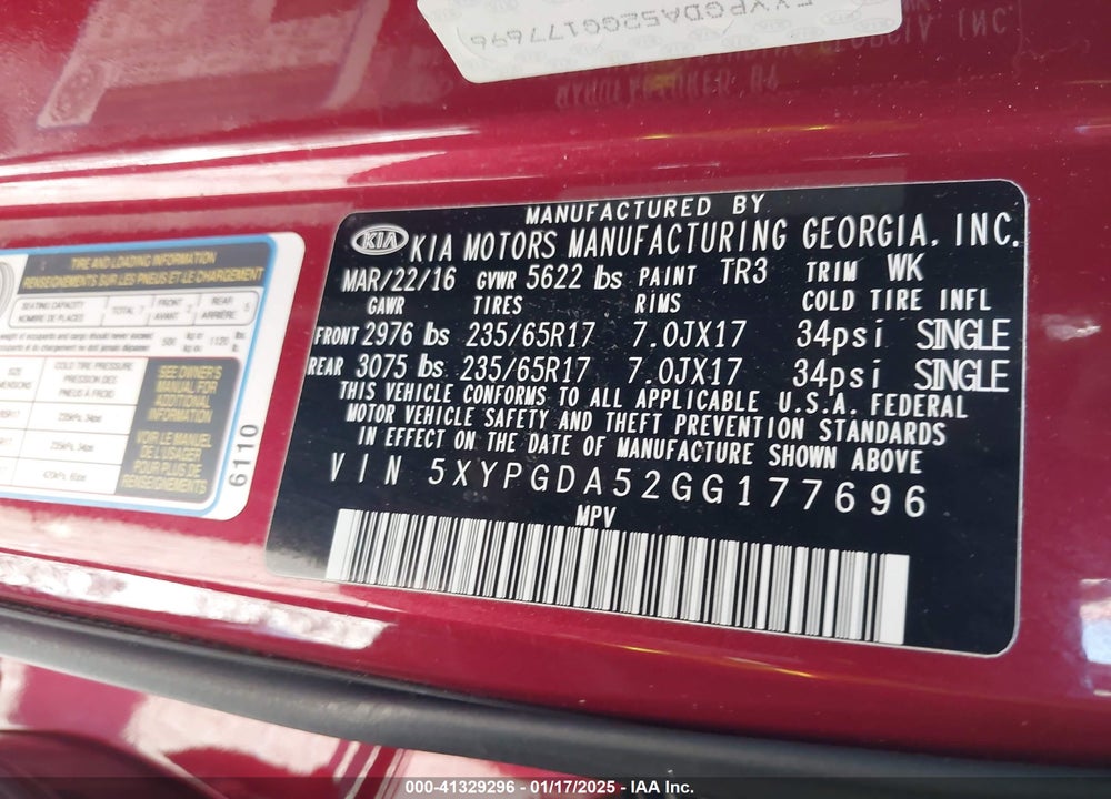 2016 KIA SORENTO 3.3L LX VIN: 5XYPGDA52GG177696
