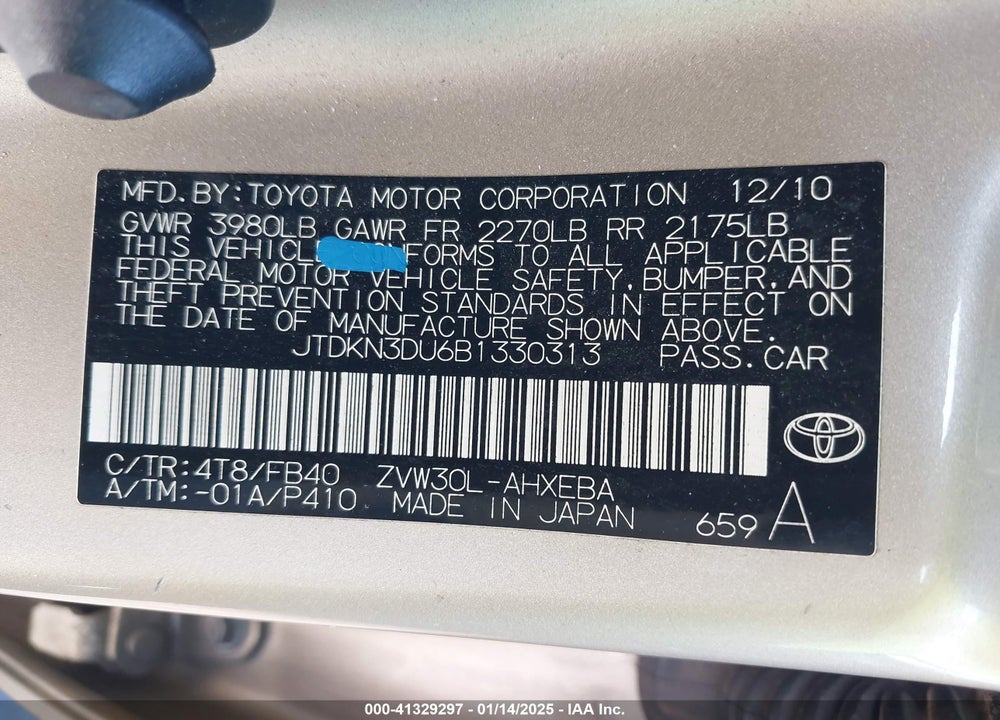 2011 TOYOTA PRIUS VIN: JTDKN3DU6B1330313