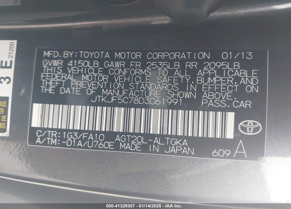 2013 TOYOTA SCION TC VIN: JTKJF5C78D3061991