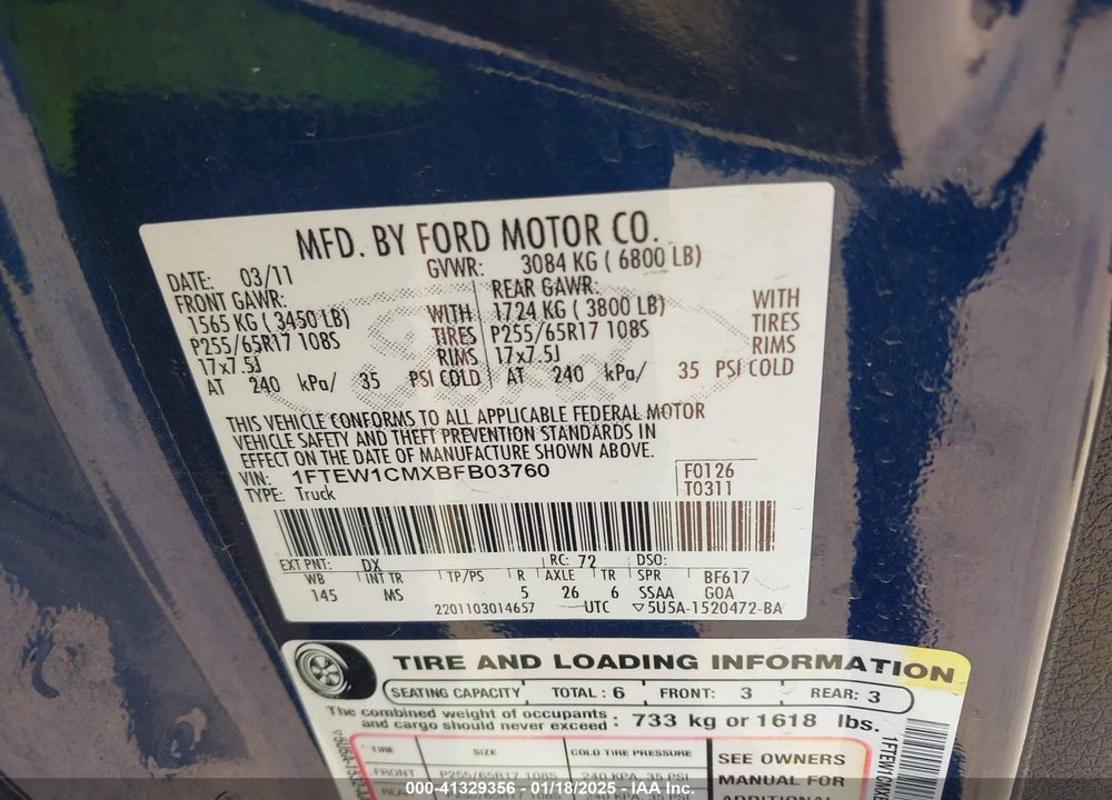 2011 FORD F-150 VIN: 1FTEW1CMXBFB03760