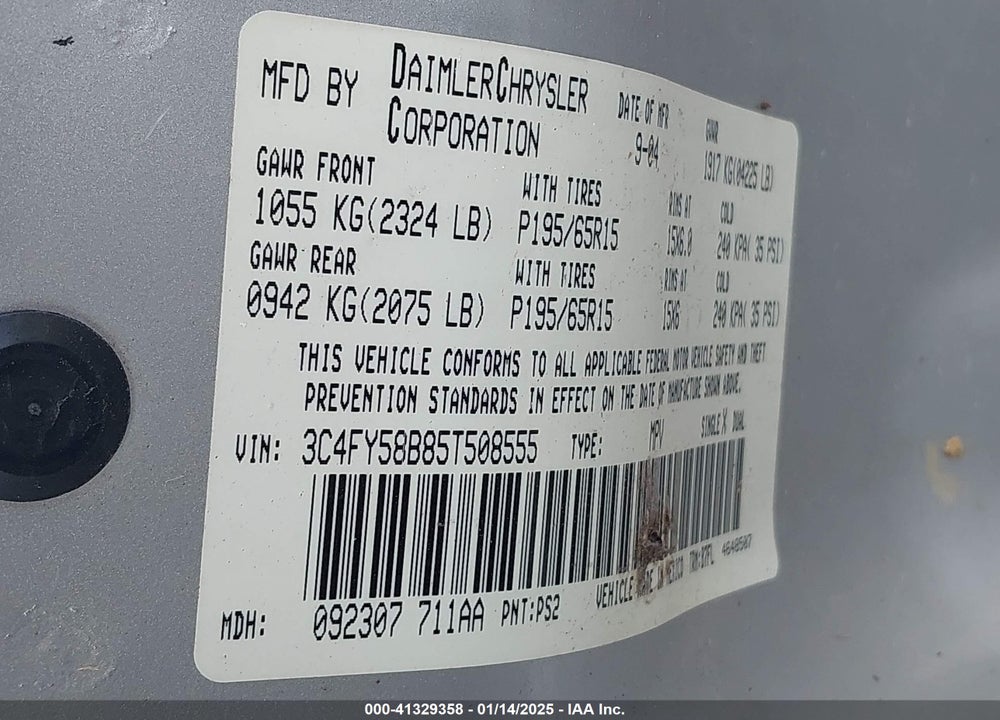 2005 CHRYSLER PT CRUISER TOURING VIN: 3C4FY58B85T508555