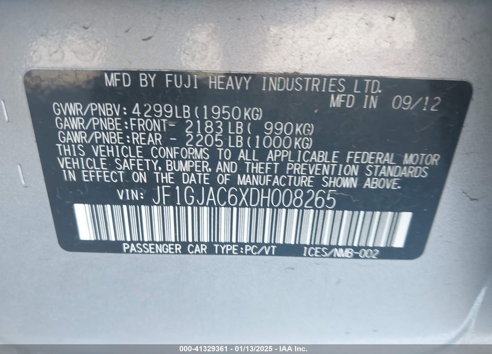 2013 SUBARU IMPREZA VIN: JF1GJAC6XDH008265