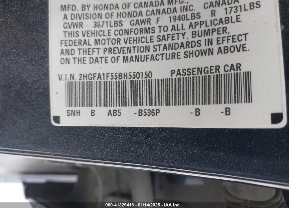 2011 HONDA CIVIC VIN: 2HGFA1F55BH550150