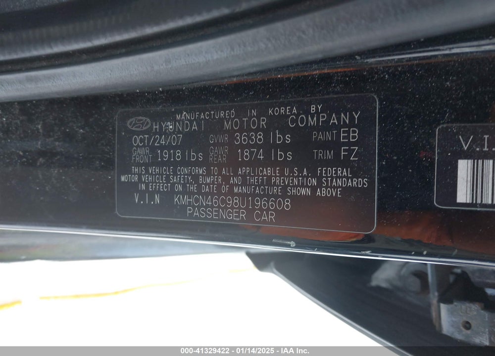 2008 HYUNDAI ACCENT VIN: KMHCN46C98U196608