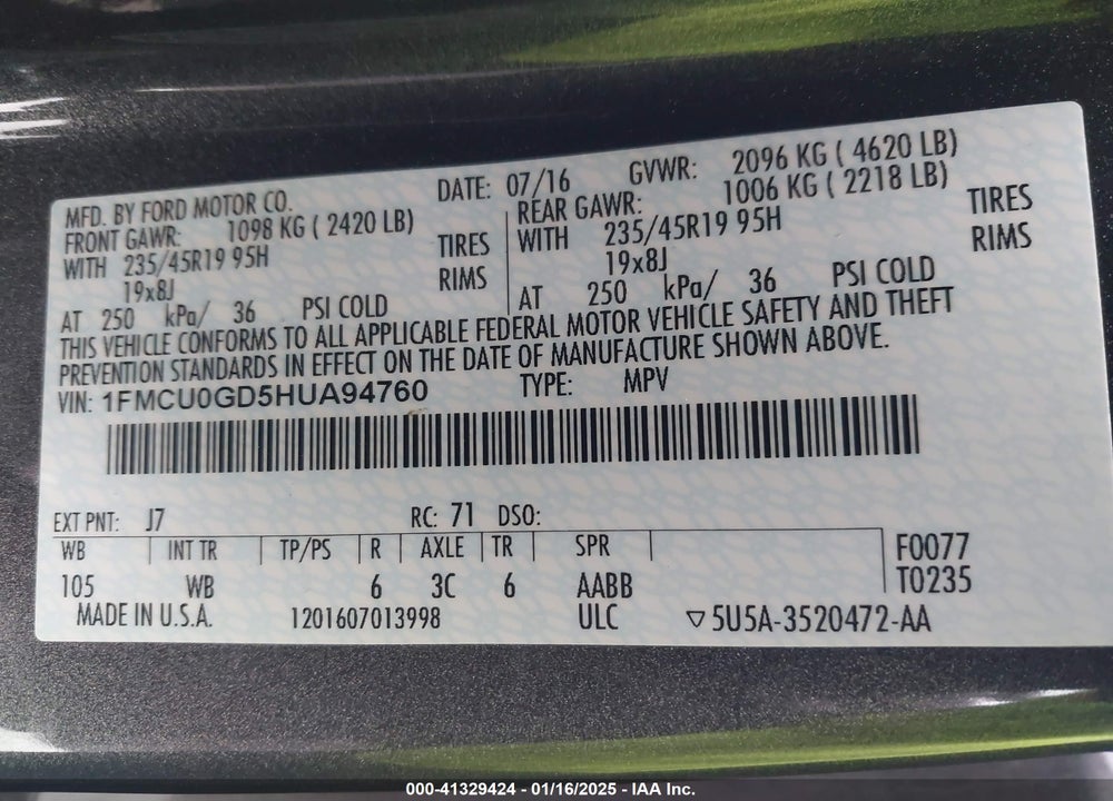 2017 FORD ESCAPE SE VIN: 1FMCU0GD5HUA94760