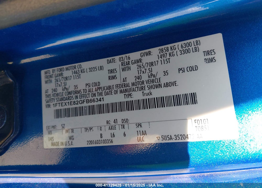 2016 FORD F-150 XL VIN: 1FTEX1E82GFB66341