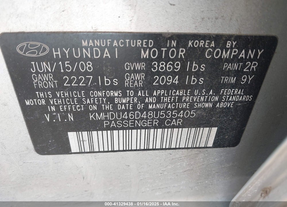 2008 HYUNDAI ELANTRA VIN: KMHDU46D48U535405