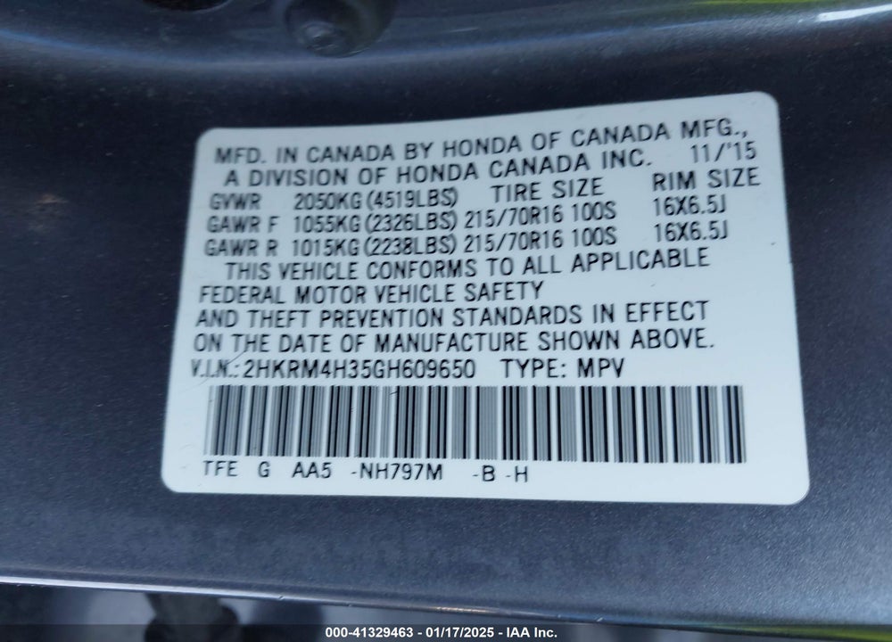 2016 HONDA CR-V LX VIN: 2HKRM4H35GH609650