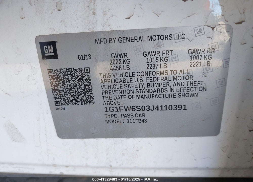 2018 CHEVROLET BOLT EV VIN: 1G1FW6S03J4110391