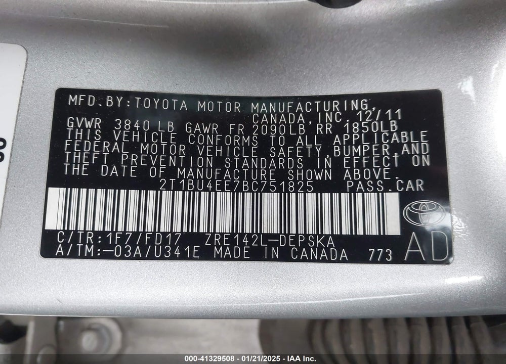 2011 TOYOTA COROLLA VIN: 2T1BU4EE7BC751825