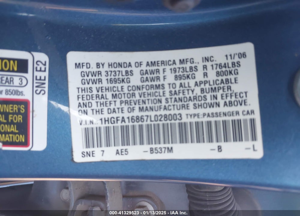 2007 HONDA CIVIC VIN: 1HGFA16867L028003