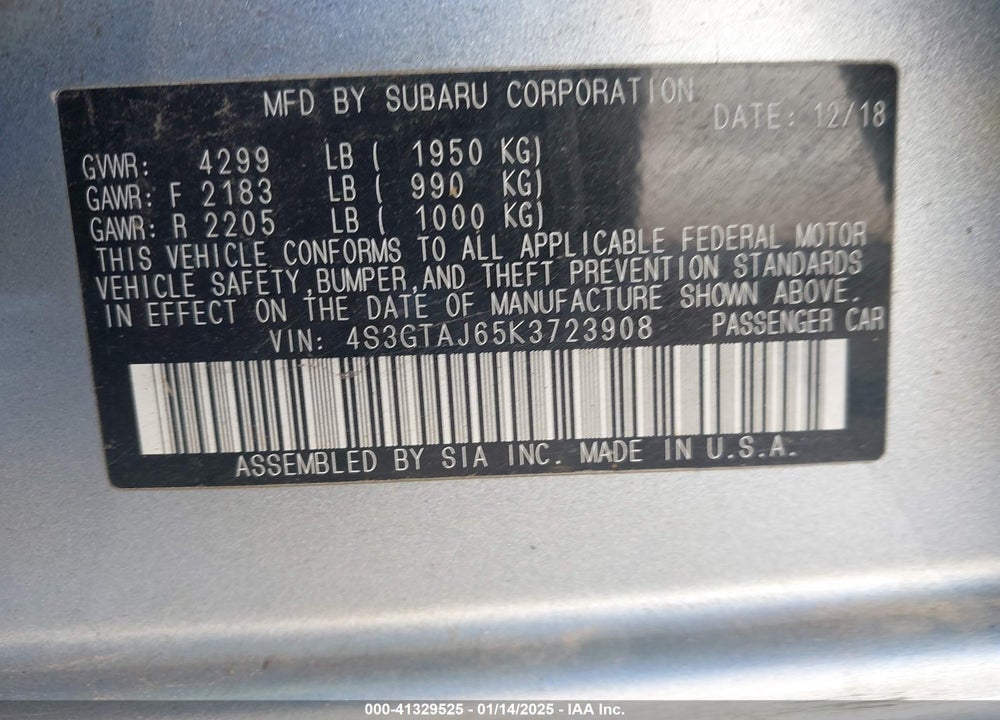 2019 SUBARU IMPREZA 2.0I SPORT VIN: 4S3GTAJ65K3723908