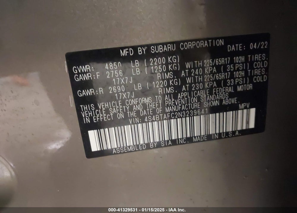 2022 SUBARU OUTBACK PREMIUM VIN: 4S4BTAFC2N3239641