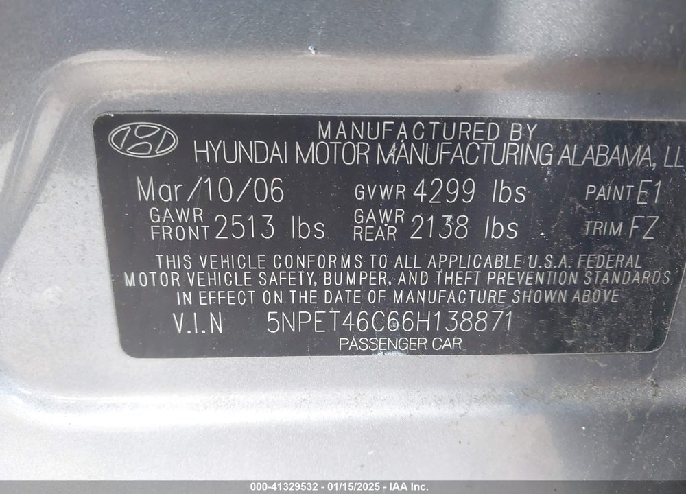 2006 HYUNDAI SONATA GL VIN: 5NPET46C66H138871