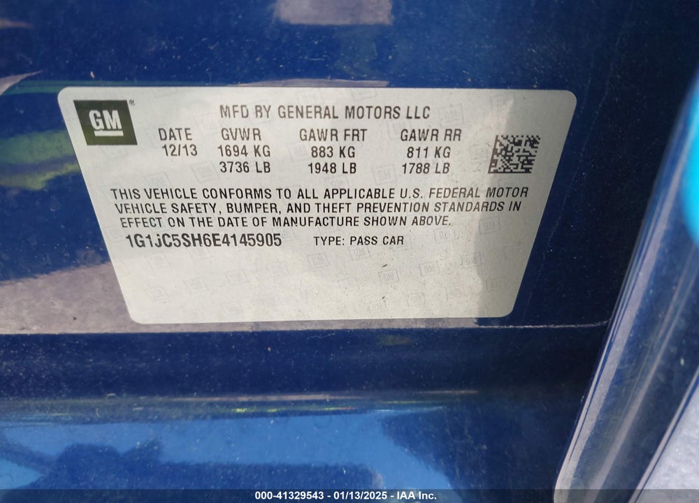 2014 CHEVROLET SONIC LT AUTO VIN: 1G1JC5SH6E4145905