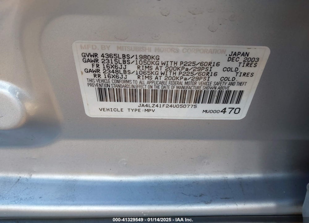 2004 MITSUBISHI OUTLANDER XLS VIN: JA4LZ41F24U050775