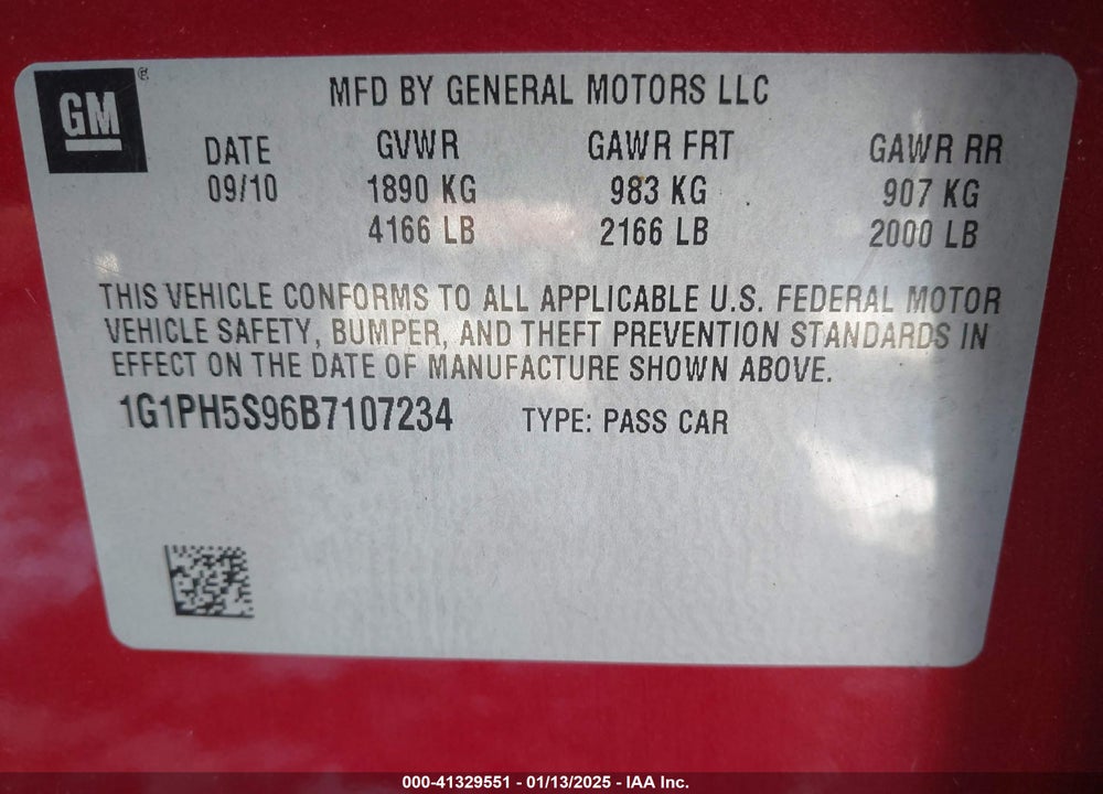 2011 CHEVROLET CRUZE VIN: 1G1PH5S96B7107234