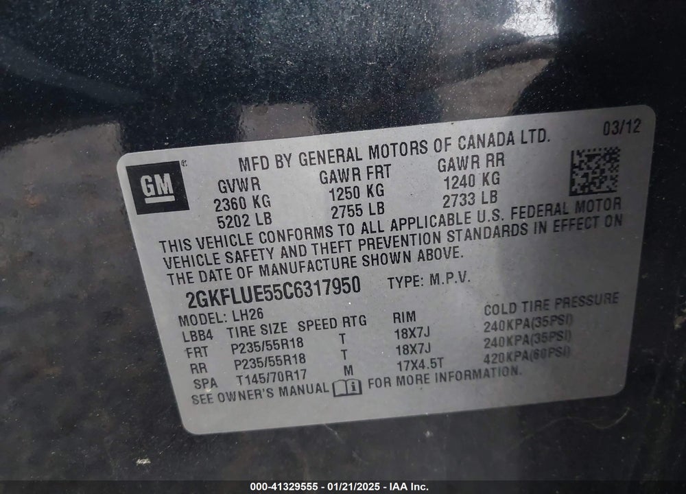 2012 GMC TERRAIN SLT-1 VIN: 2GKFLUE55C6317950