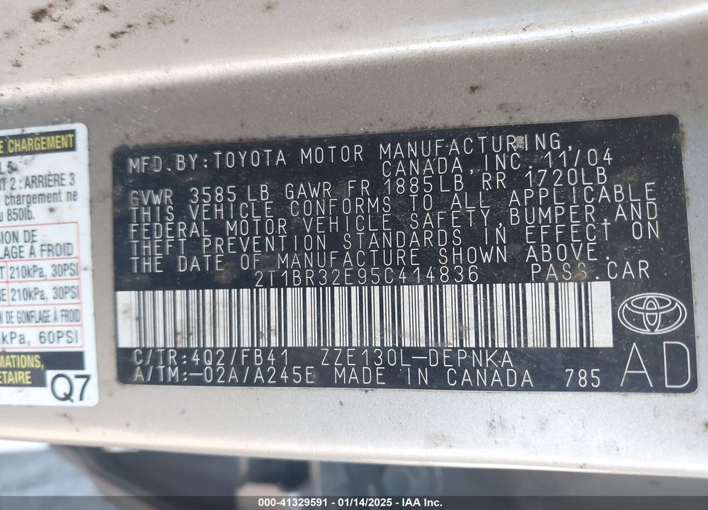 2005 TOYOTA COROLLA LE VIN: 2T1BR32E95C414836