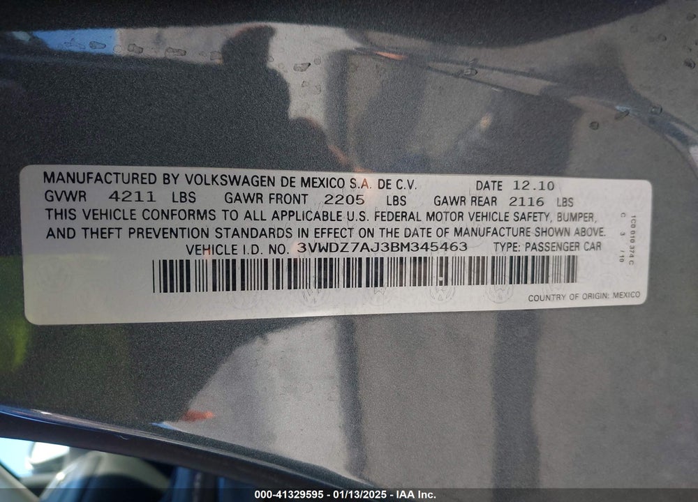 2011 VOLKSWAGEN JETTA 2.5L SE VIN: 3VWDZ7AJ3BM345463