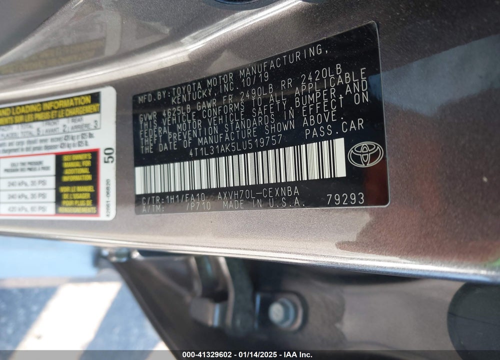 2020 TOYOTA CAMRY VIN: 4T1L31AK5LU519757