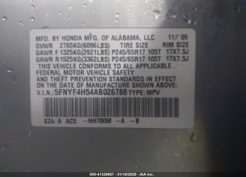 2010 HONDA PILOT EX-L VIN: 5FNYF4H54AB026788