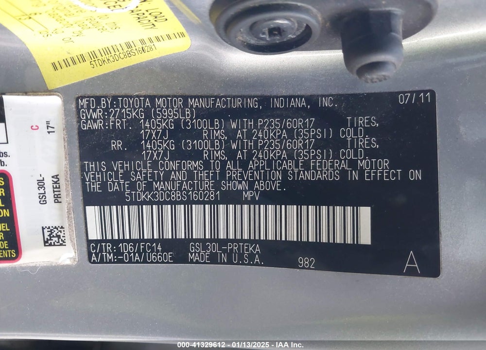 2011 TOYOTA SIENNA LE V6 VIN: 5TDKK3DC8BS160281