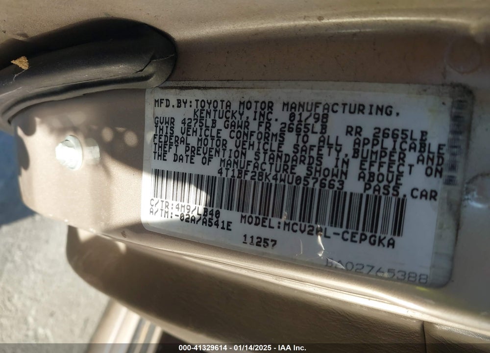 1998 TOYOTA CAMRY XLE V6 VIN: 4T1BF28K4WU057663