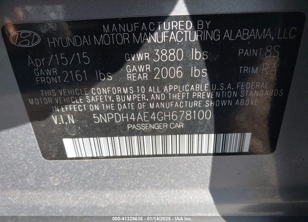2016 HYUNDAI ELANTRA SE VIN: 5NPDH4AE4GH678100