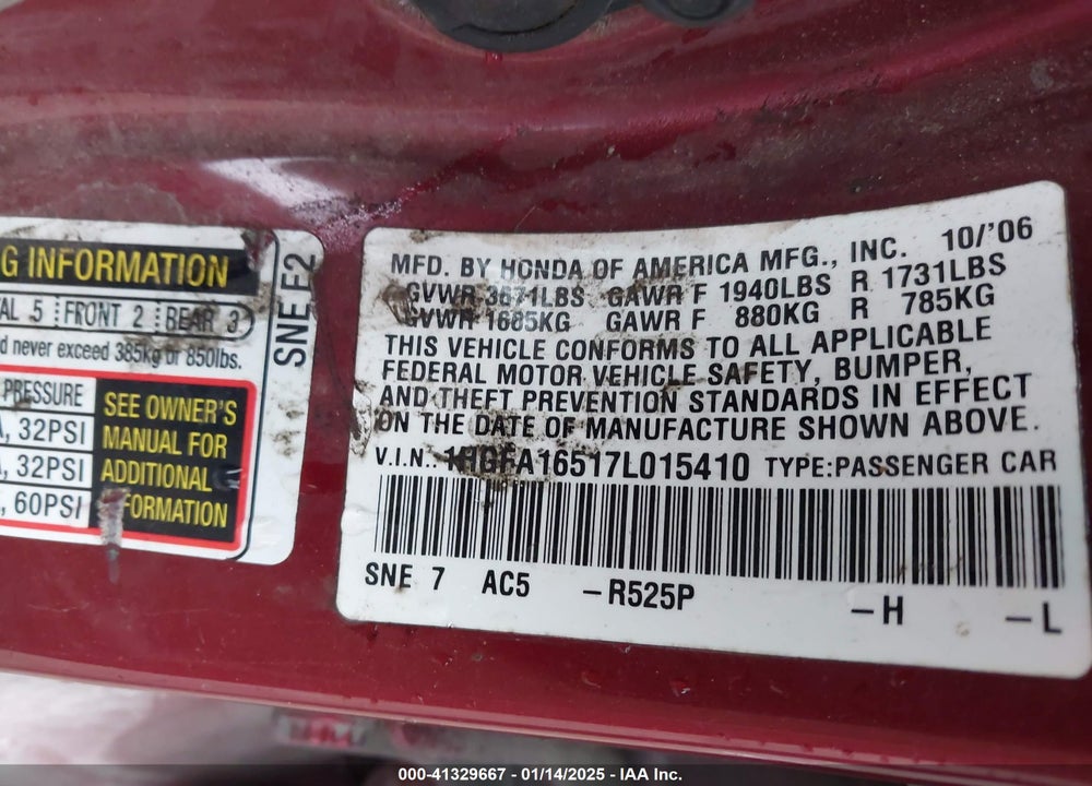 2007 HONDA CIVIC VIN: 1HGFA16517L015410