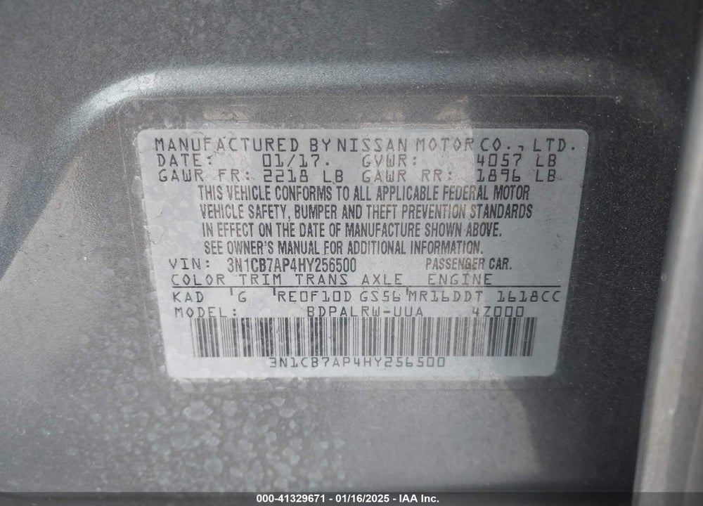 2017 NISSAN SENTRA VIN: 3N1CB7AP4HY256500