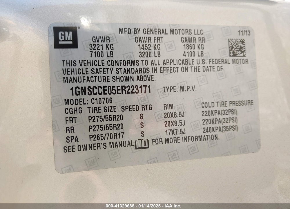 2014 CHEVROLET TAHOE LTZ VIN: 1GNSCCE05ER223171